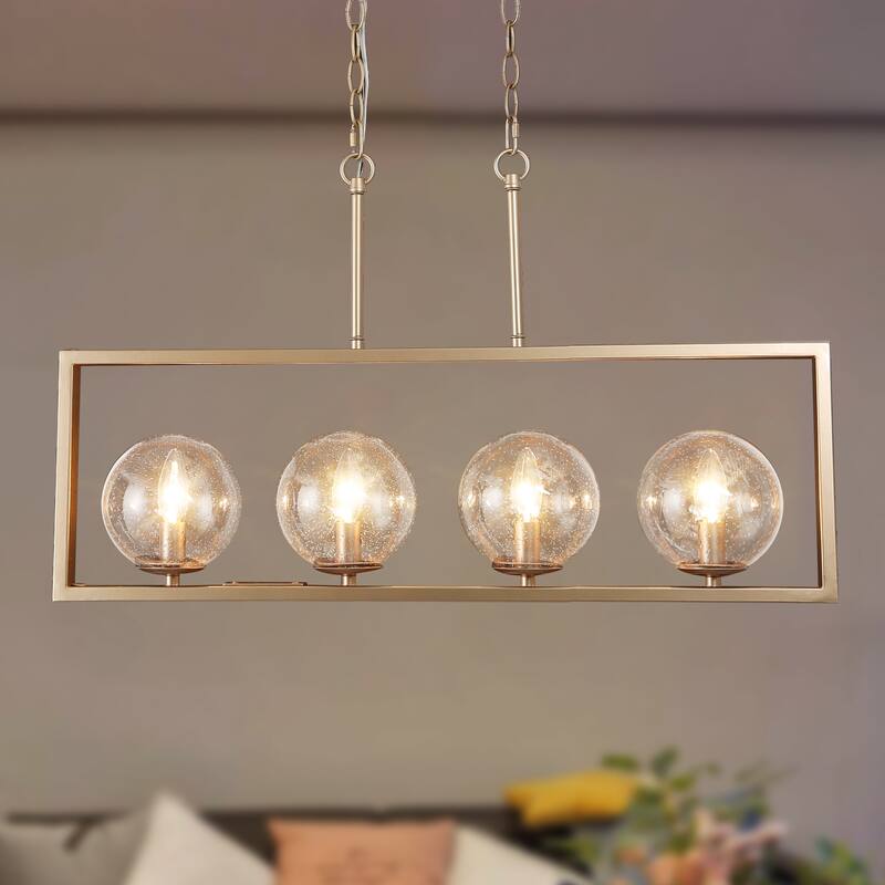 Modern Contemporary 4-Light Rectangle Chandeleir Transitional LED Dimmable Island light with Seeded Glass Globes
