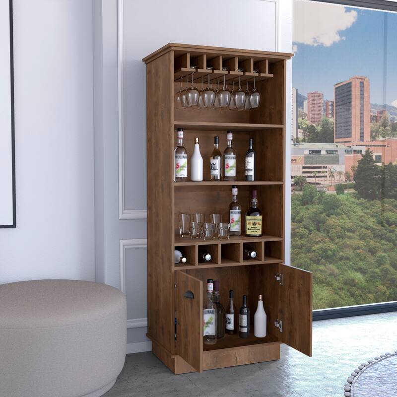 Dundee 70-Inch High 10-Glass Bar Cabinet with 5 Cubbies