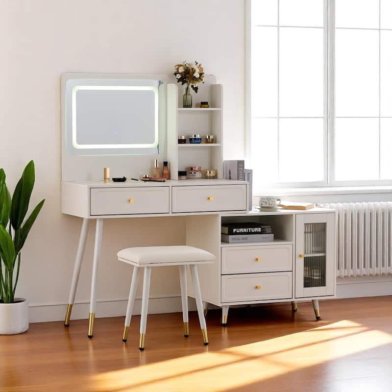Makeup Vanity with Mirror, LED Light Modes, Built-in Charging Ports, Drawers & Cabinet, Compact Adjustable Desk