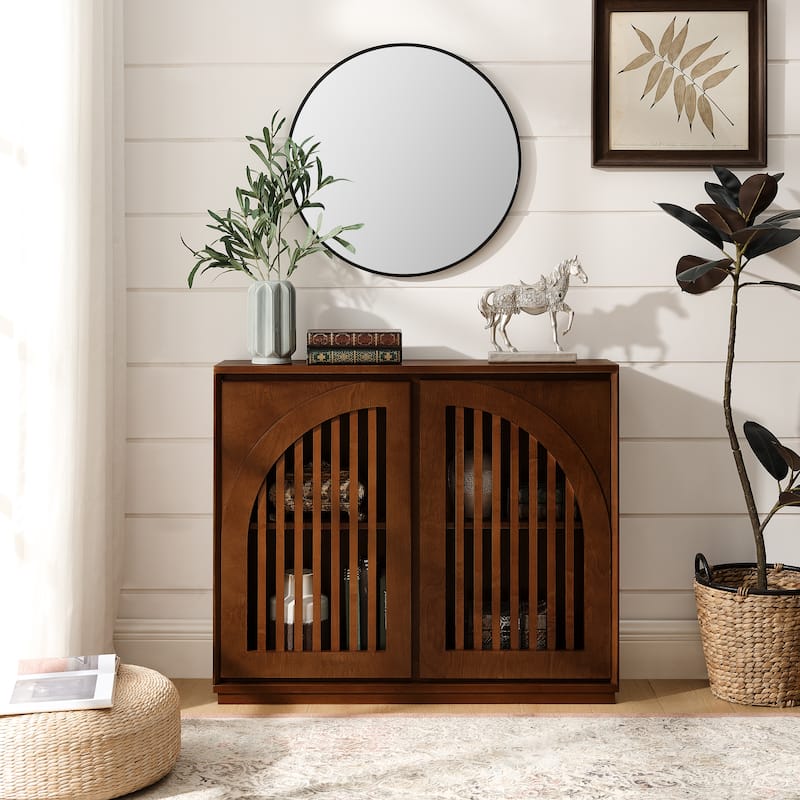 Rossetta Mid-Century Modern Elegant Symmetrical Curved Openwork Design Sideboard Cabinet - Walnut