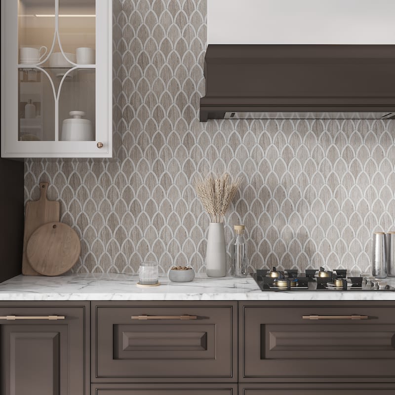 Apollo tile 9 x 10 Elysian Polished Wooden Grey, Bianco Carrara Marble Tile (3 sq ft/case) - 5 Pack