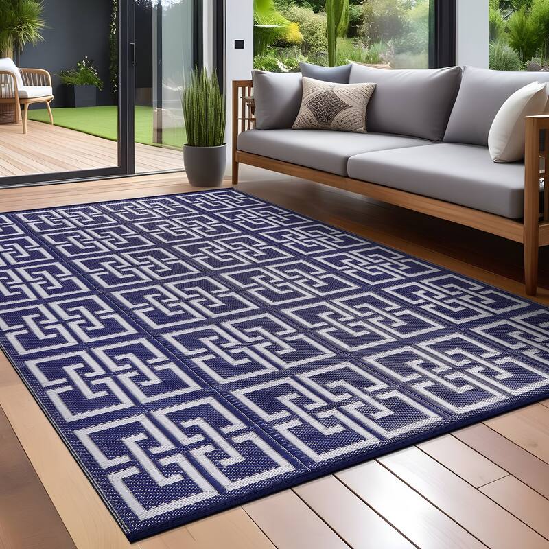 Beverly Rug Geometric Greek Key Outdoor Rug Waterproof for Patio, RV Camping