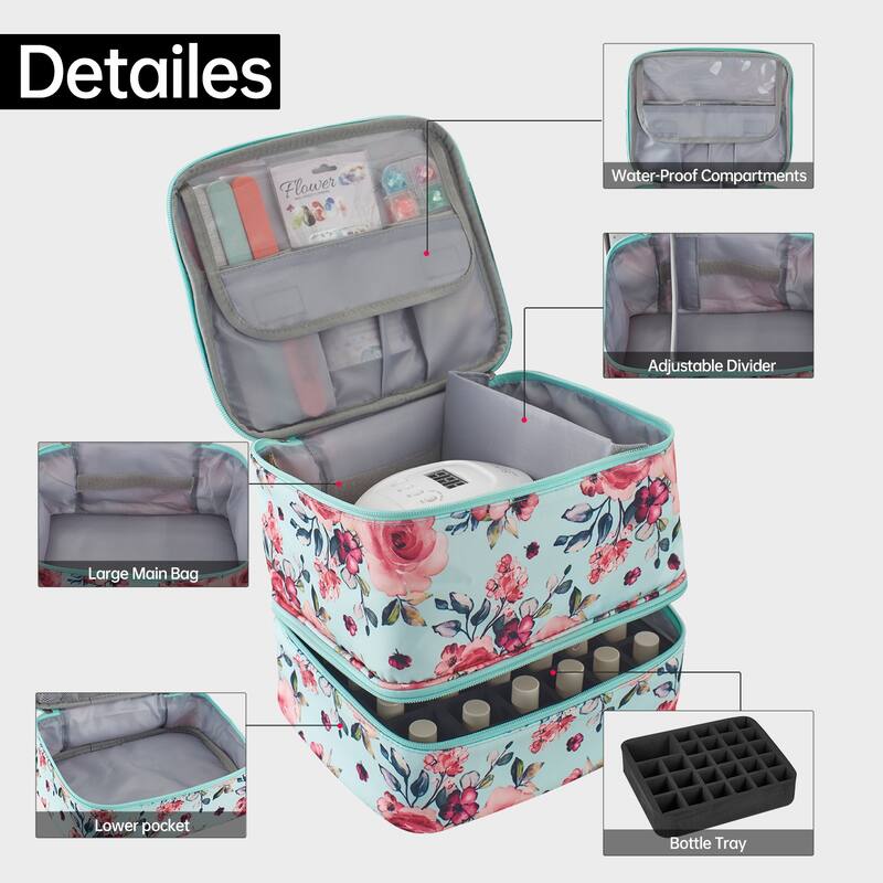 Double-Layer Nail Polish Organizer Bag, Holds 27 Bottles, Nail Tools & Dryer Storage Case with Adjustable Dividers