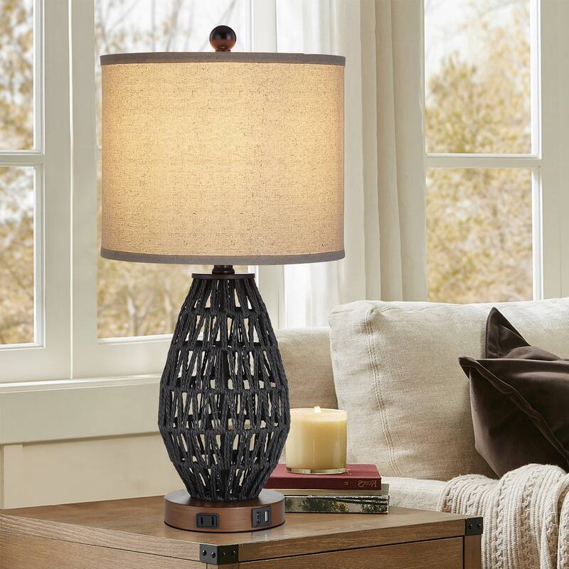 Cinkeda Table Lamp Black Rattan 3-Way Touch Dimmer USB Port(Set of 2) - 11'' x 11'' x 22.8'' (L x W x H)