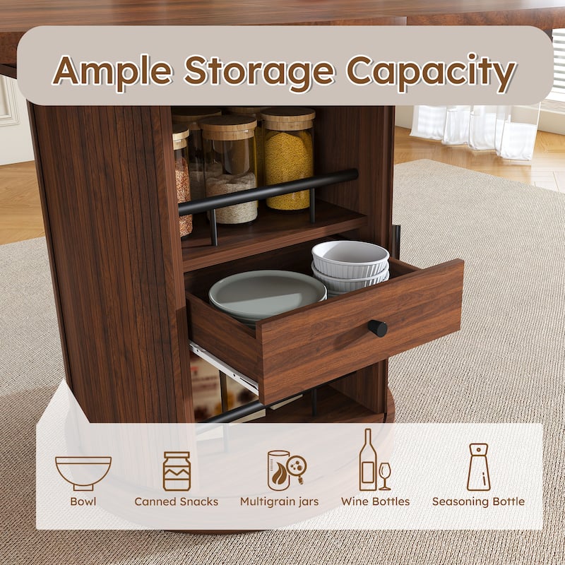 59" Extendable Oval Dining Table with 2-Tier Storage for 4-6, Walnut Finish & Pedestal Base