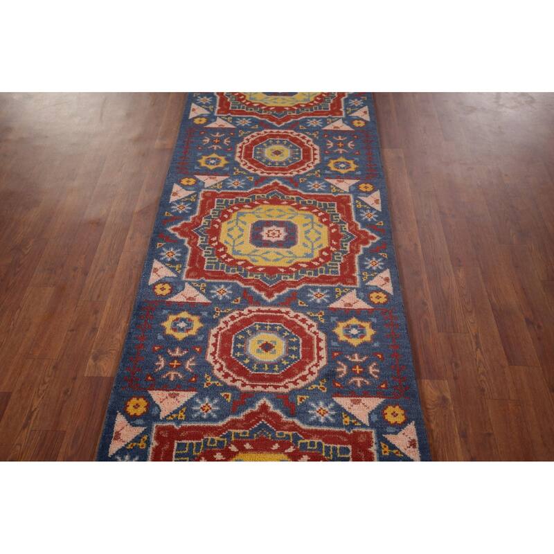 Blue Geometric Kazak Oriental Runner Rug Hand-Knotted Wool Carpet - 2'7"x 8'0"