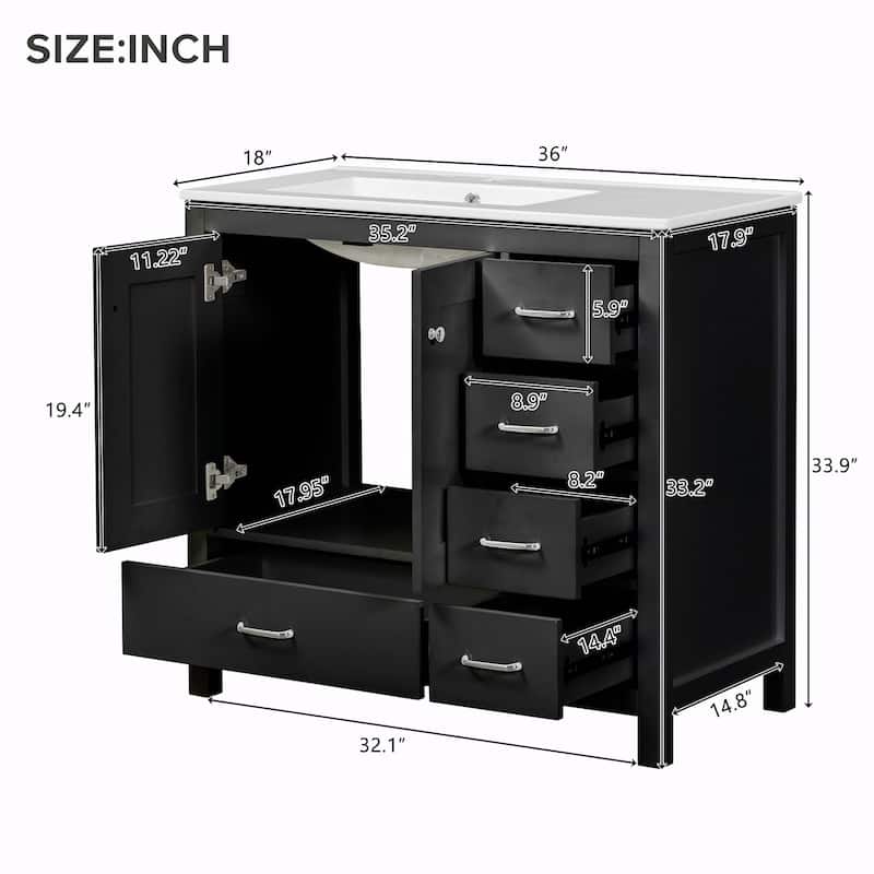 36" White Bathroom Vanity with Ceramic Sink Combo, Ample Storage Cabinet - 2 Soft-Close Doors and 5 Drawers