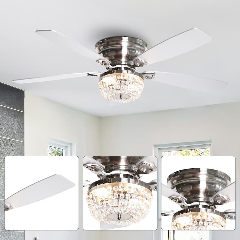 48" Satin Nickel Crystal Low Profile Ceiling Fan with Light and Remote Control