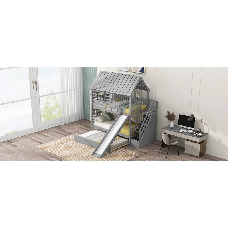 Roomfitters Twin Over Twin House Bunk Bed with Slide, Trundle and Storage Staircase