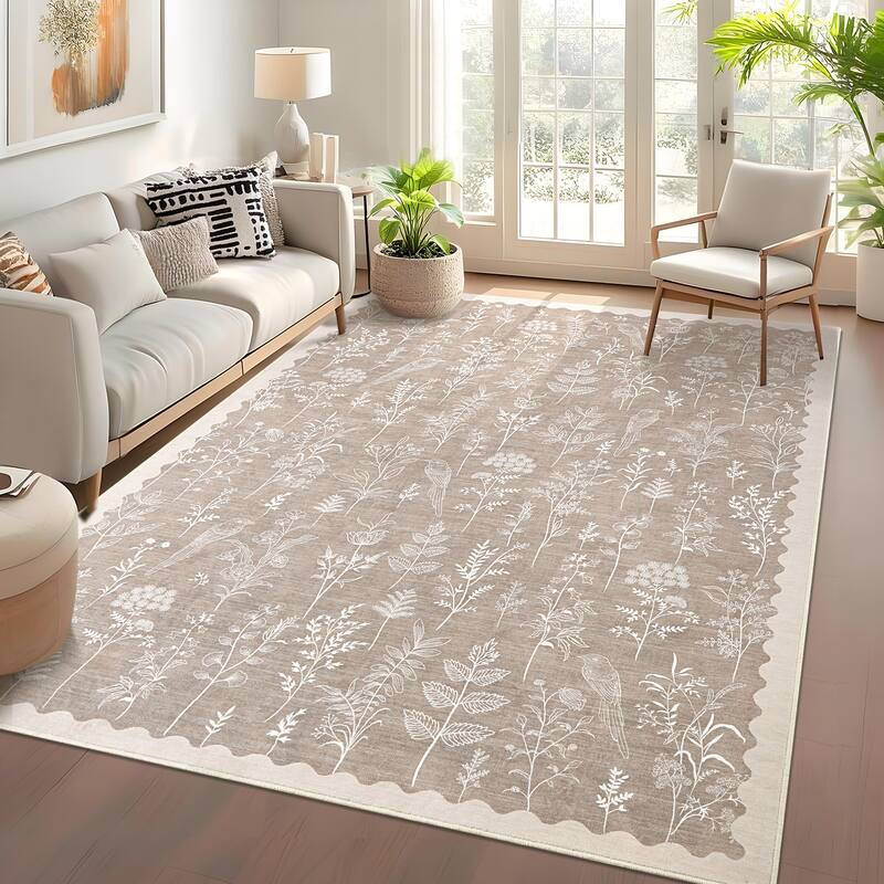 Botanical Washable Area Rug Modern Bird Pattern Rug Soft Non-Slip Low Pile Rugs for Living Room Bedroom - 10'x13' - Light Brown
