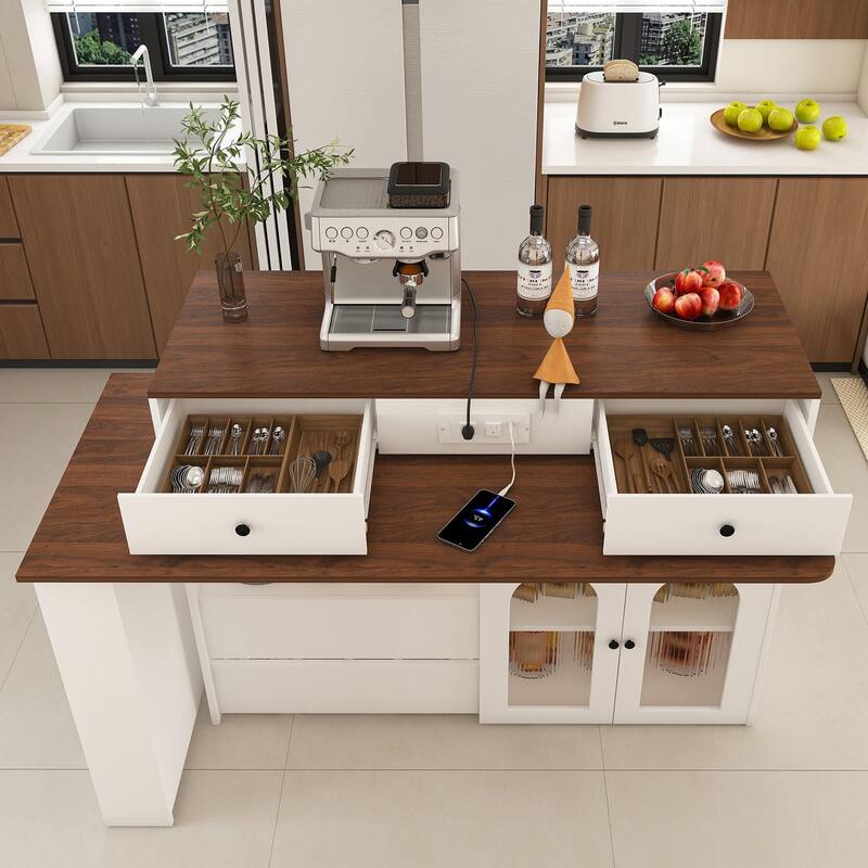 Kitchen Island with Extendable Rotating Table, 4 Drawers, Glass Doors & Built-in Socket