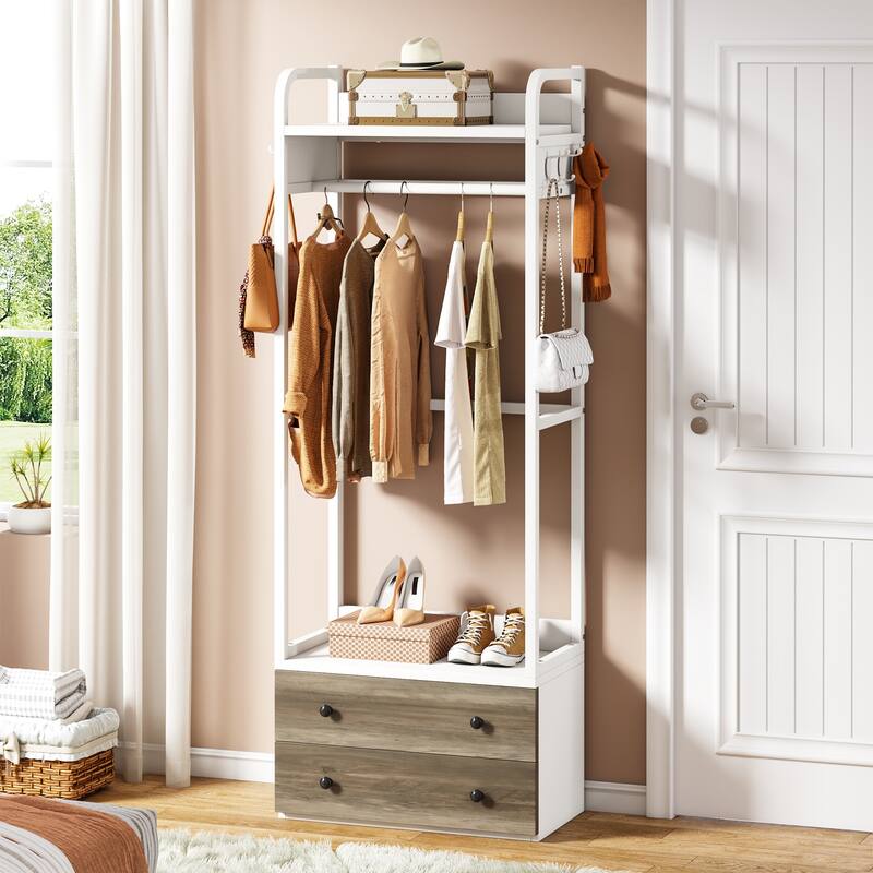 Clothes Shelf Coat Garment Rack Closet Organizer System with Drawers