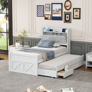 Twin Size Wooden Bed with Storage Headboard Featuring Built-In Outlets, Extendable Frame with Pull-Out Twin Trundle