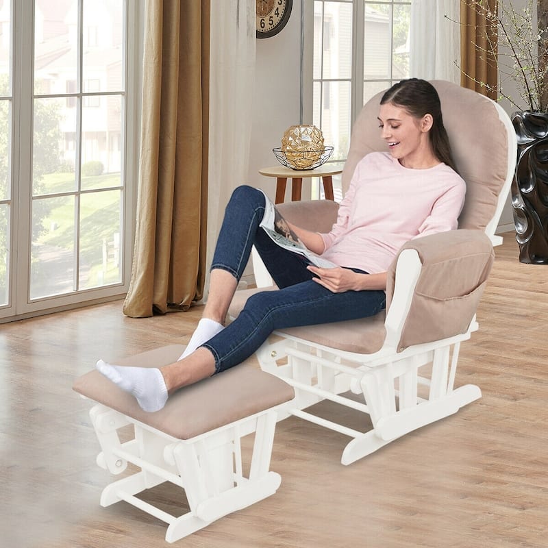 Solid Wood Gliding Chair Set with Storage Pockets and Ottoman for Relaxing - 29.5" x 28.5" x 39.5" (L x W x H) - Pink