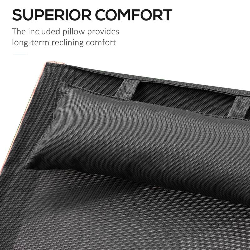 Outdoor Curved Chaise Wood Lounge Chair with Pillow & Armrests, Weather-Resistant Breathable Mesh Reclining Chair