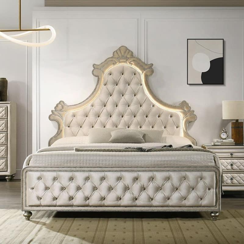 Velvet Upholstered Eastern King Bed with LED in Beige