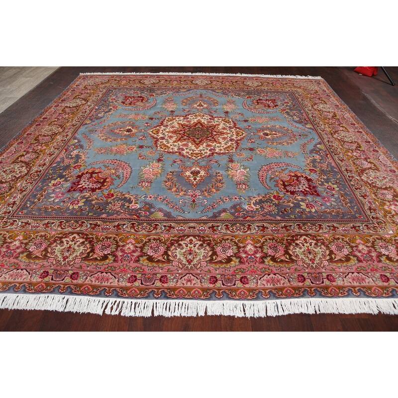 Hand Knotted Oriental 100% Wool Carpet Traditional Floral Navy Blue & Blues Tabriz Area Rug - 9' 9'' X 9' 10''