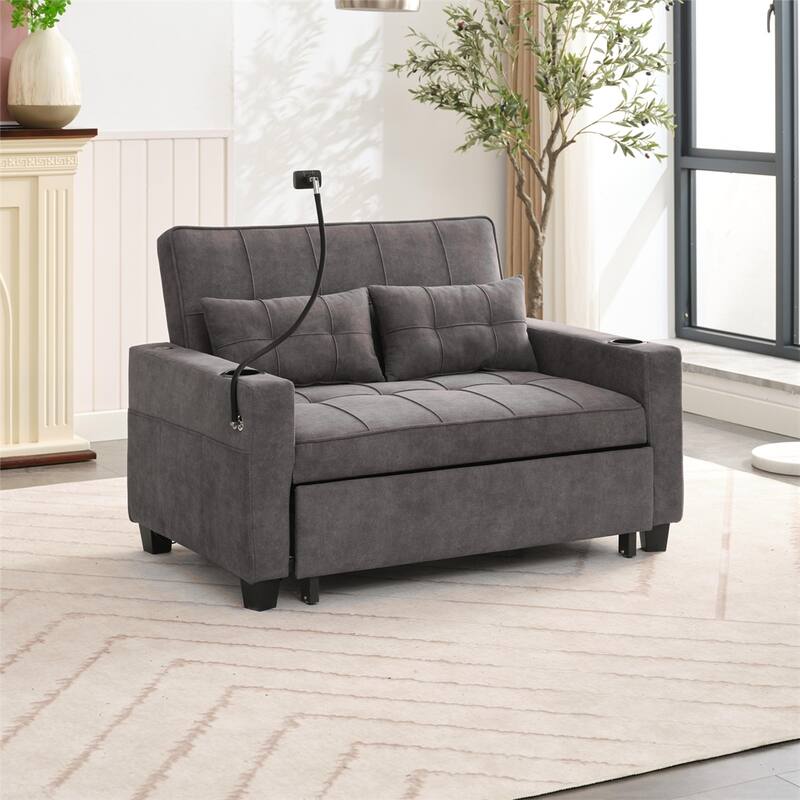 3-in-1 Pull Out Convertible Sleeper Chair w/ USB Ports,Wear Resistant - Dark Grey