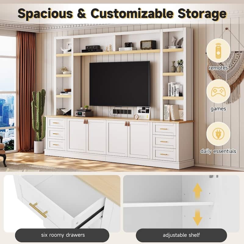 102.3" Farmhouse 4-Piece Entertainment Center Wall Unit with Adjustable Shelves,6 Drawers