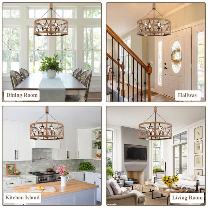 Cusp Barn 4-Light Rustic Wood Chandelier Shabby Hanging Lamp Farmhouse Drum Pendant Light Fixtures for Entryway