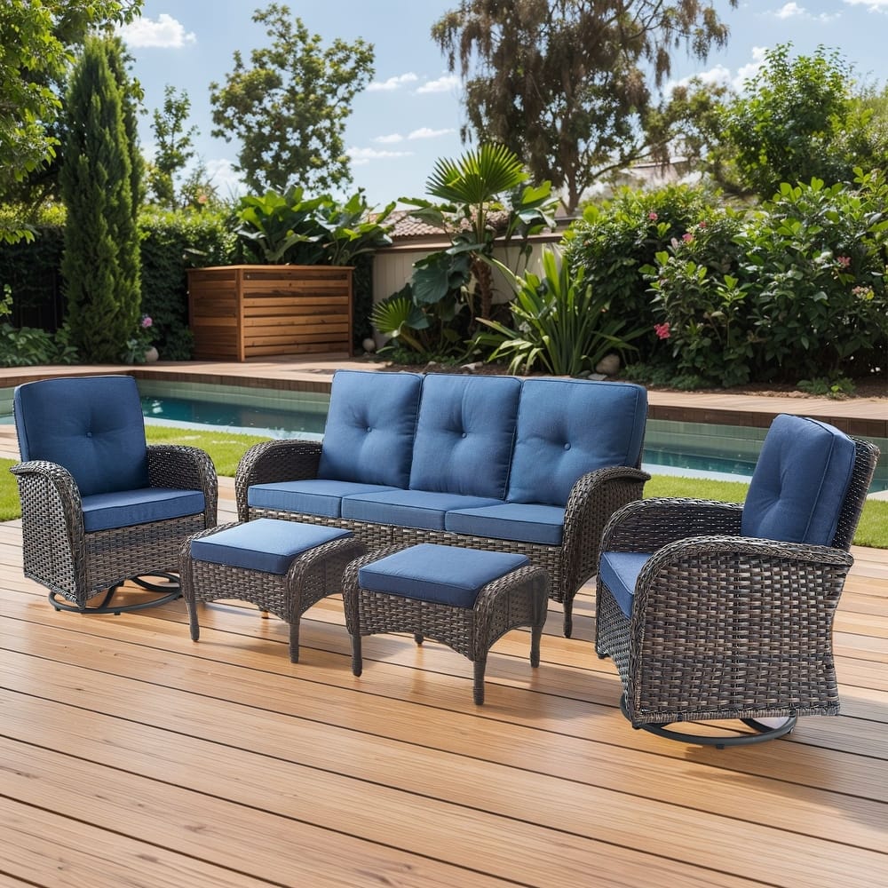 Gymojoy 5-Piece Outdoor Wicker Patio Furniture with 3 Seat Sofa & Swivel Chair, Coversation Set with Water Resistant Cushions