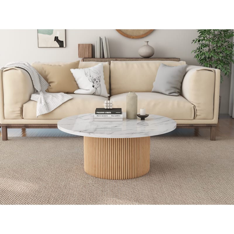 Modern Round Coffee Table with Solid Wood Fluted Design