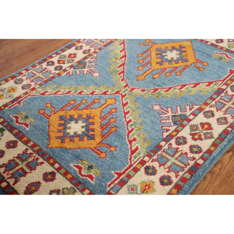 Light Blue Geometric Kazak Foyer Rug Handmade Wool Carpet - 2'0" x 3'0"