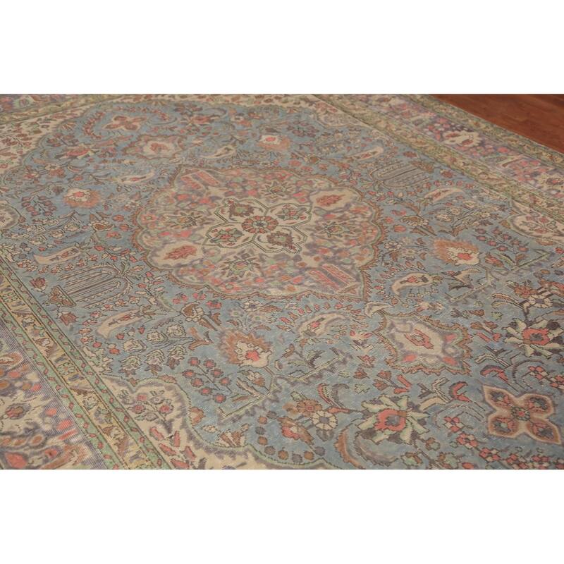 Light Blue Tabriz Persian Area Rug Hand-Knotted Floral Wool Carpet - 8'1"x 11'5"