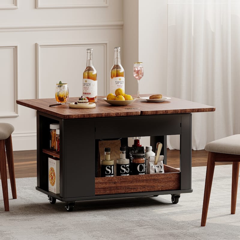 27.6" Modern Coffee Table with Foldable Top & Casters, Multi-Tier Storage Side Table for Living Room - Black