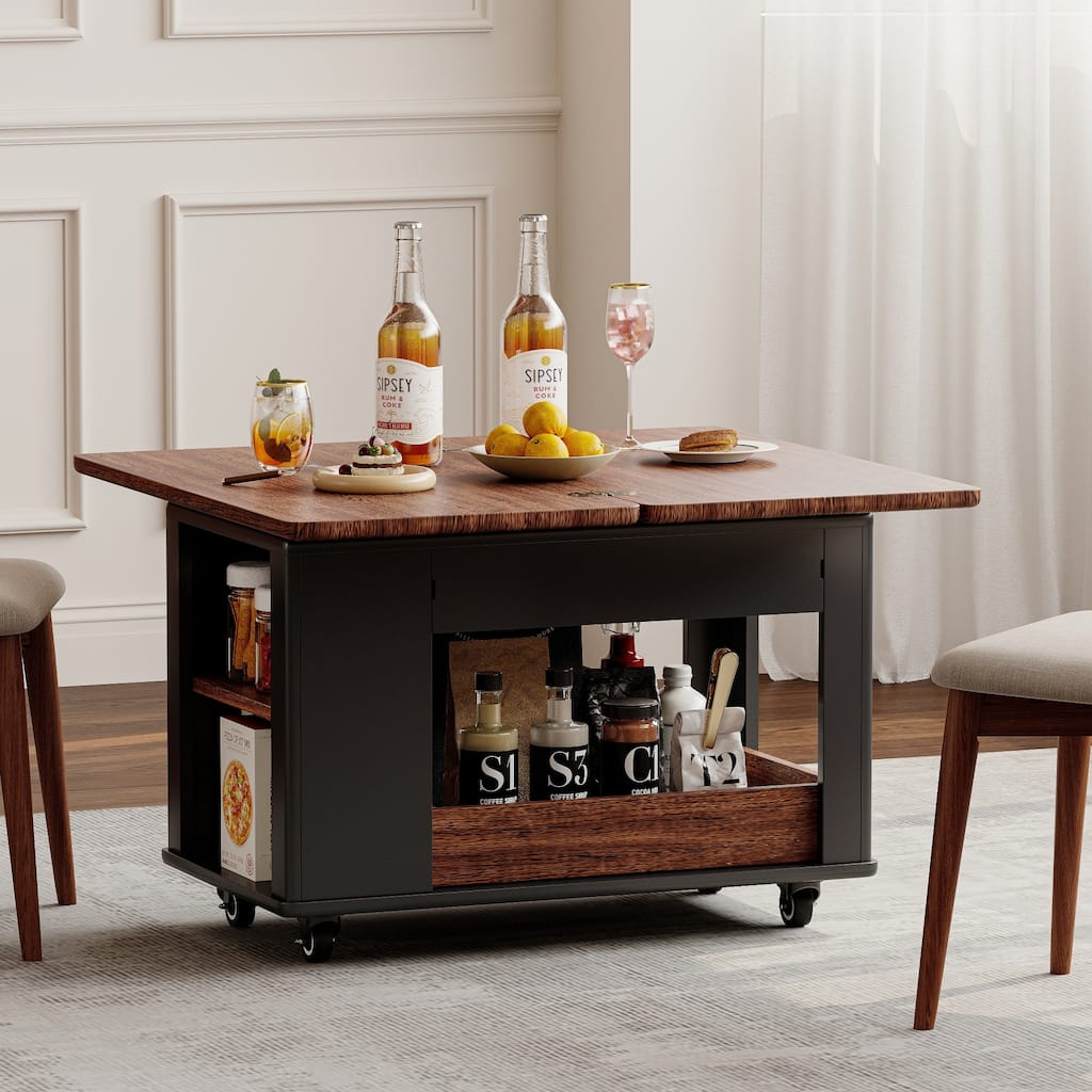 Roomfitters 27.6" Modern Multi-Function Coffee Table with Foldable Top, Rolling Casters & Multi-Tier Storage