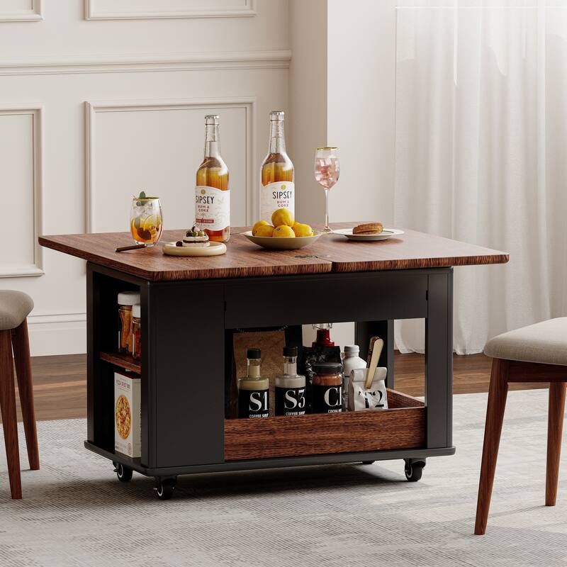 Roomfitters 27.6" Modern Multi-Function Coffee Table with Foldable Top, Rolling Casters & Multi-Tier Storage