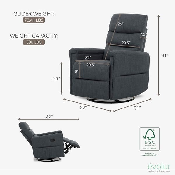 dimension image slide 0 of 2, Evolur Peyton Manual Recline Glider with Full 360-Degree Swivel