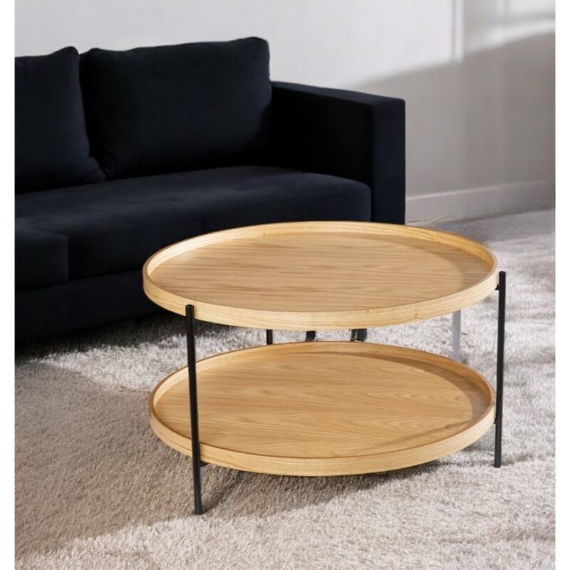 Modern Round Wood Coffee Table with Metal Base and 2-Tier Storage Shelf Perfect for Living Room - 33.75”L x 33.75”W x 18”H