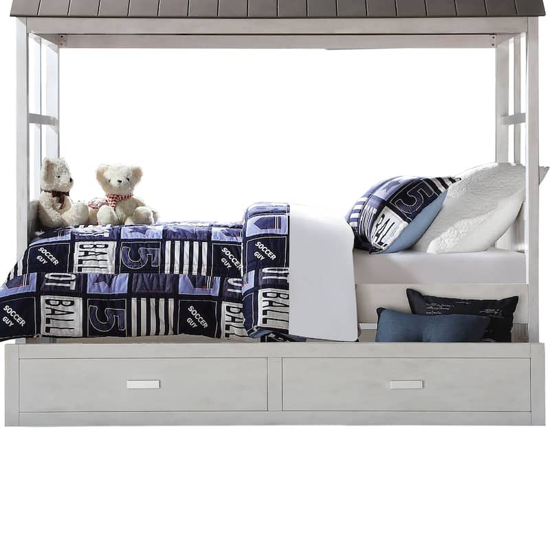 Tree House Design Wooden Twin Size Bed with Trundle, White and Gray
