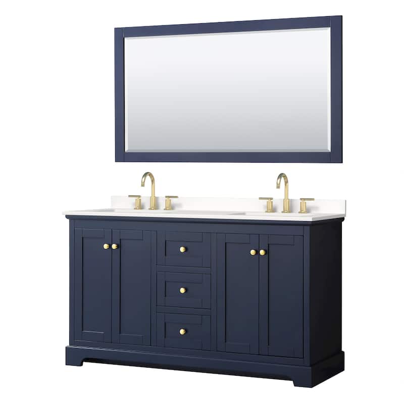 Wyndham Collection WCV232360D-QTZ-US3M58 Avery 60" Free Standing - Dark Blue / White Quartz Top / Brushed Gold