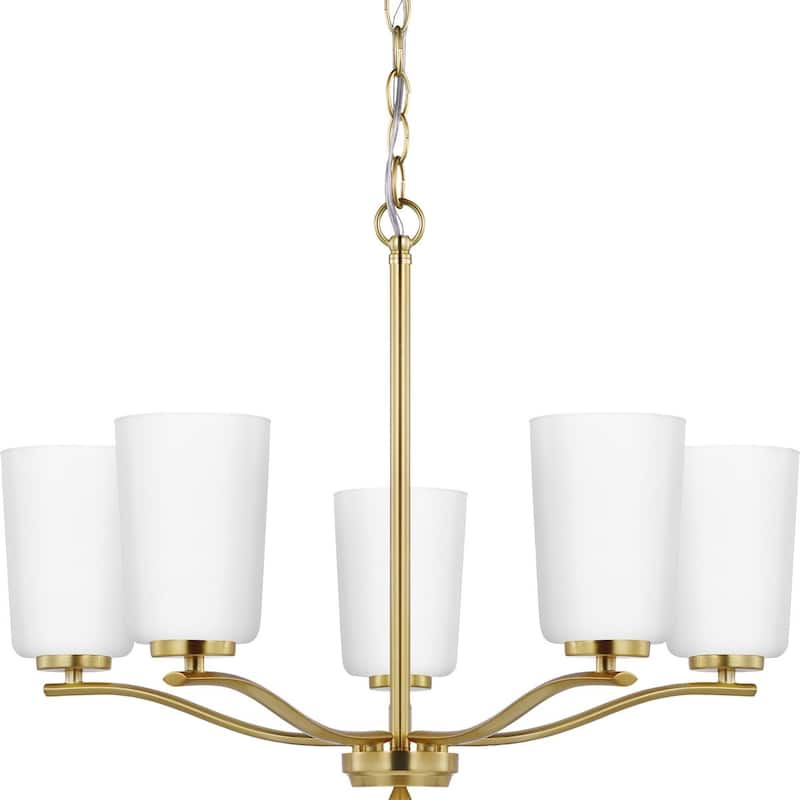Adley Collection Five-Light Satin Brass Etched White Glass New Traditional Chandelier - 22.87 in x 22.87 in x 17.25 in - 22.87 in x 22.87 in x 17.25 in