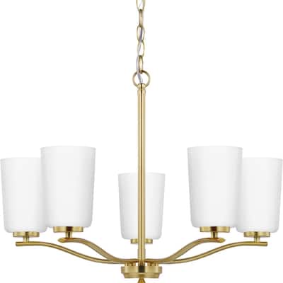 Adley Collection Five-Light Satin Brass Etched White Glass New Traditional Chandelier - 22.87 in x 22.87 in x 17.25 in
