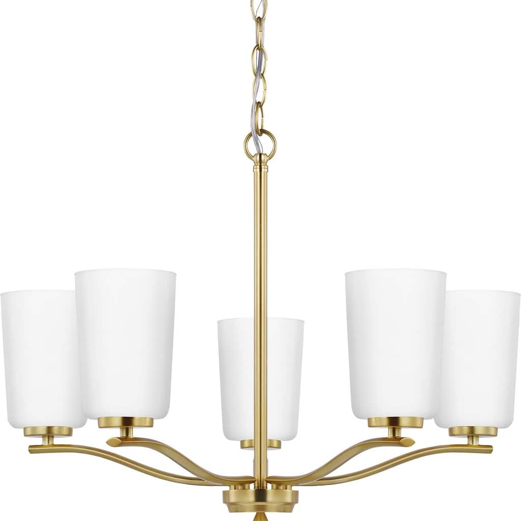 Adley Collection Five-Light Satin Brass Etched White Glass New Traditional Chandelier - 22.87 in x 22.87 in x 17.25 in