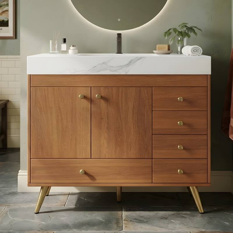 36" Freestanding Bathroom Vanity with Faux Marble Top, Ceramic Sink, 5 Drawers & Stainless Steel Legs