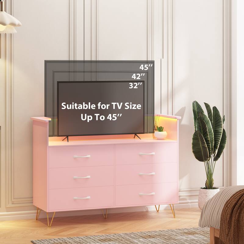 6 Wooden Drawers Dressers with Led Light & Charging Station