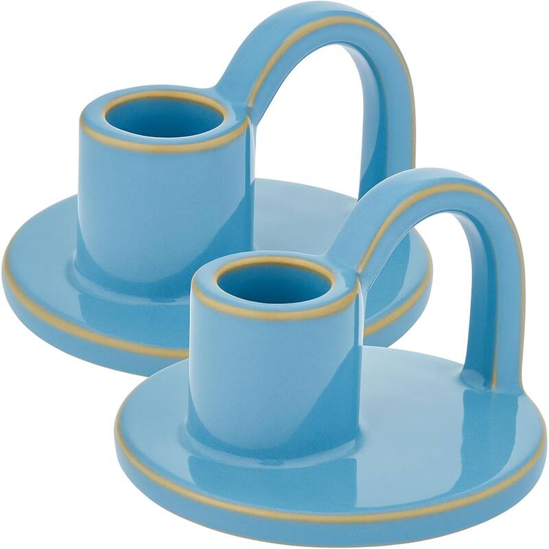 Robin Egg Blue Set of Two Elise Short Ceramic Candlesticks Rustic - Blue