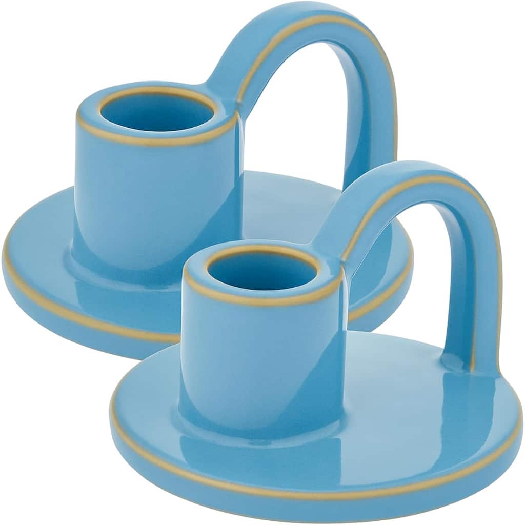 Robin Egg Blue Set of Two Elise Short Ceramic Candlesticks Rustic