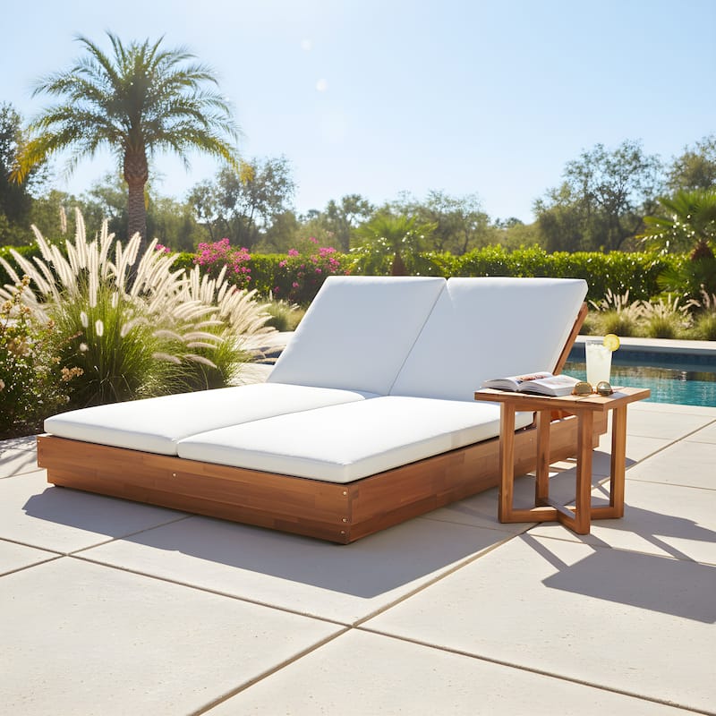 Christopher Knight Home - Outdoor Acacia Wood 5-Position Adjustable Double Chaise Lounge Set with 18" Square Slat Side Table - 2-Piece Set-Light Brown+Beige