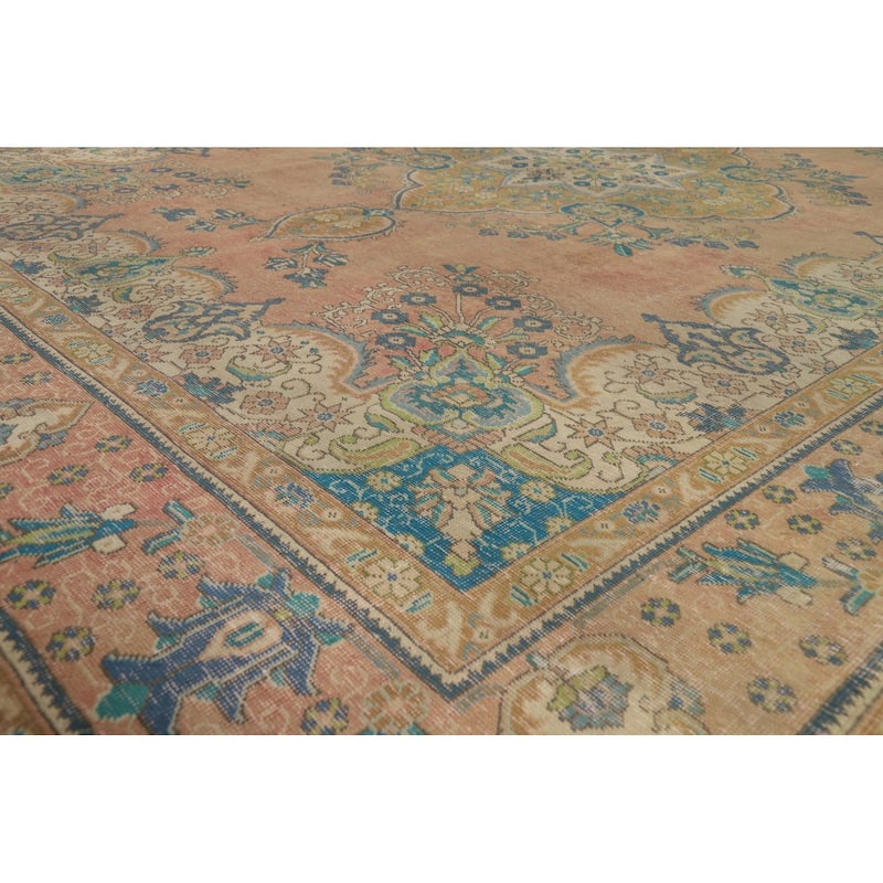 Tabriz Persian Vintage Rug Handmade Traditional Orange Wool Carpet - 9'7" x 12'10"