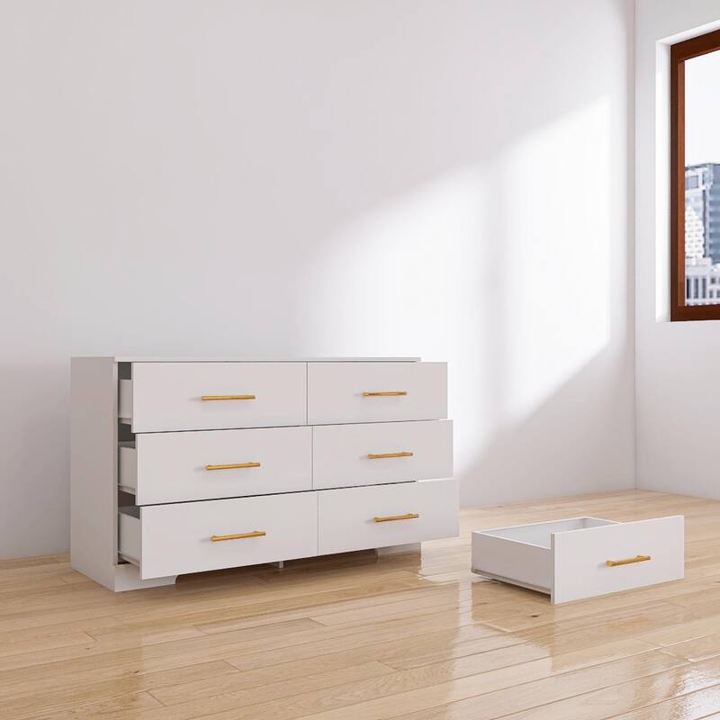 Modern Drawer Dresser Large Capacity Storage Cabinet with 6 Drawers Gold Handles, for Bedroom Living Room Entry Hallway