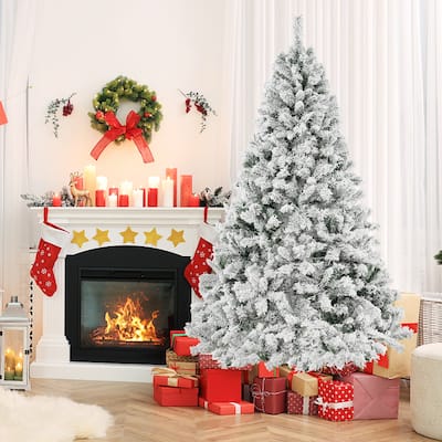 6 /7/8FT Pre-Lit Christmas Tree Flocked Decor Tree w/ LED Lights