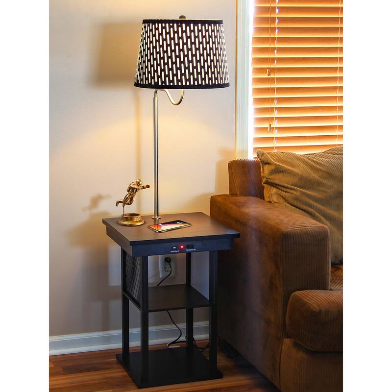 Brightech Madison 56 in. Classic Black Modern LED Bedside Table Lamp with Fabric Drum Shade and Built-In Wireless Charging Pad