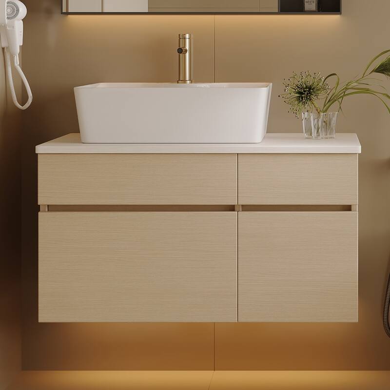 31.5 Inches Floating Single Small Bathroom Vanity with Sink - White,Wood