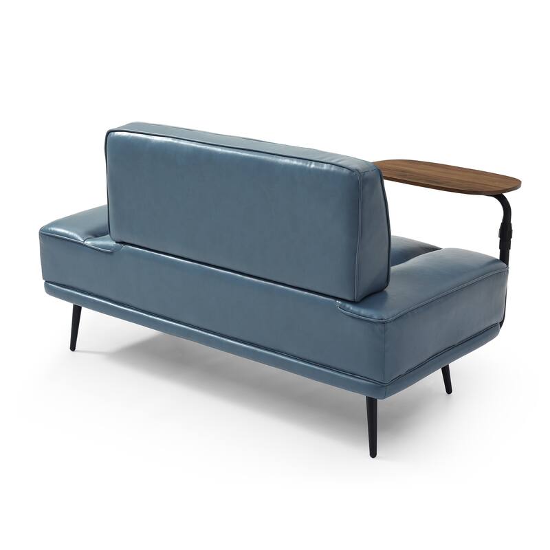 Faux Leather 55" End of Bed Bench with Rotating Tray, 2-Seater Ottoman Sofa with Gold Metal Legs for Bedroom, Living Room