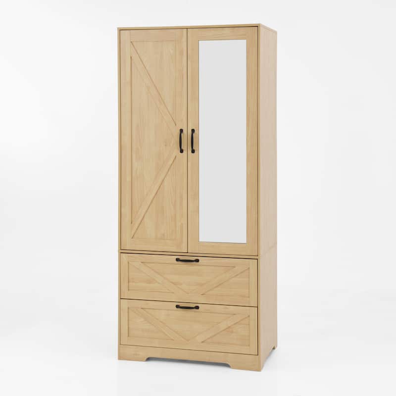 LED Wardrobe Cabinet Bedroom Tall Armoire with Mirror, Folding and Hanging Areas